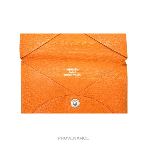 🔴 Hermès Calvi Card Wallet - Orange Chevre Mysore Leather - Picture 5 of 7